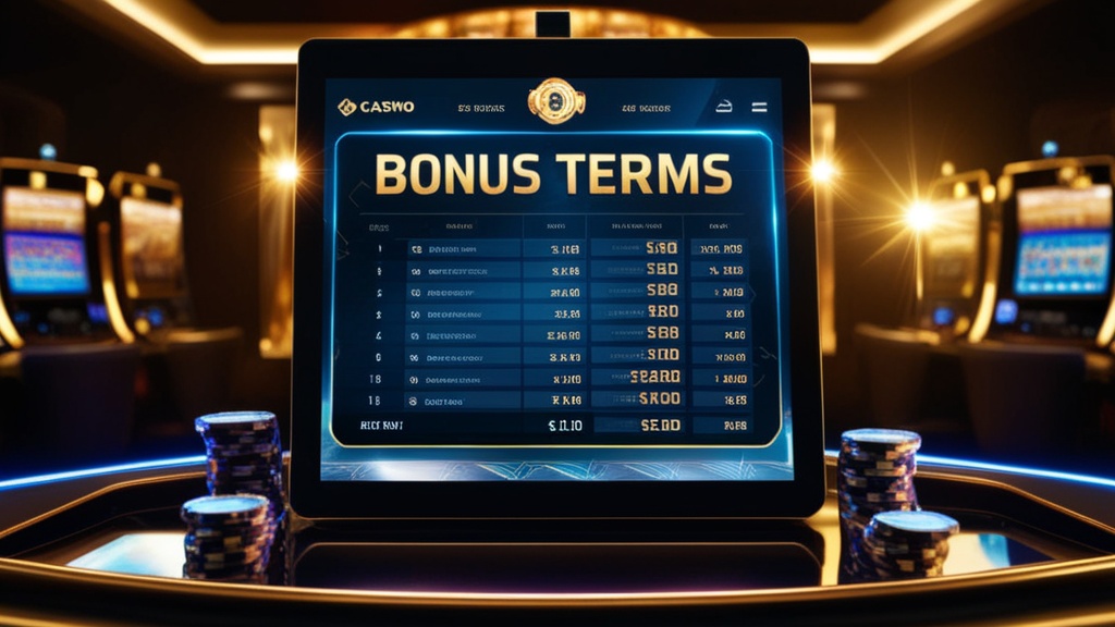 Donkere casino-visual met bonusvoorwaarden en overzichtstabel