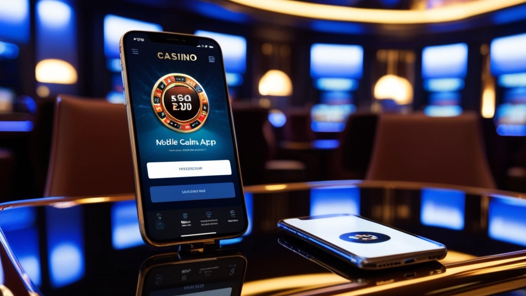 Smartphone met installatiepagina voor een mobiele casino-app in een sfeervolle casinoruimte