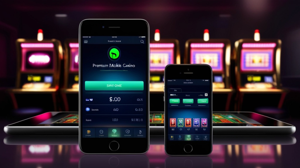 Mobiele casino-app op smartphone en tablet in een donkere casinoruimte
