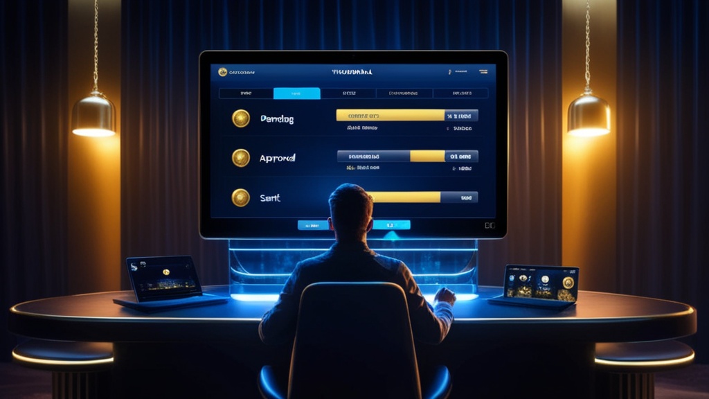 Uitbetalingsstatussen op een donker casino-dashboard met verschillende verwerkingstappen